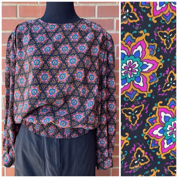 Vintage 80s Jordan Abstract Floral Printed Elastic Waist Blouse | Size L/XL - Picture 1 of 10
